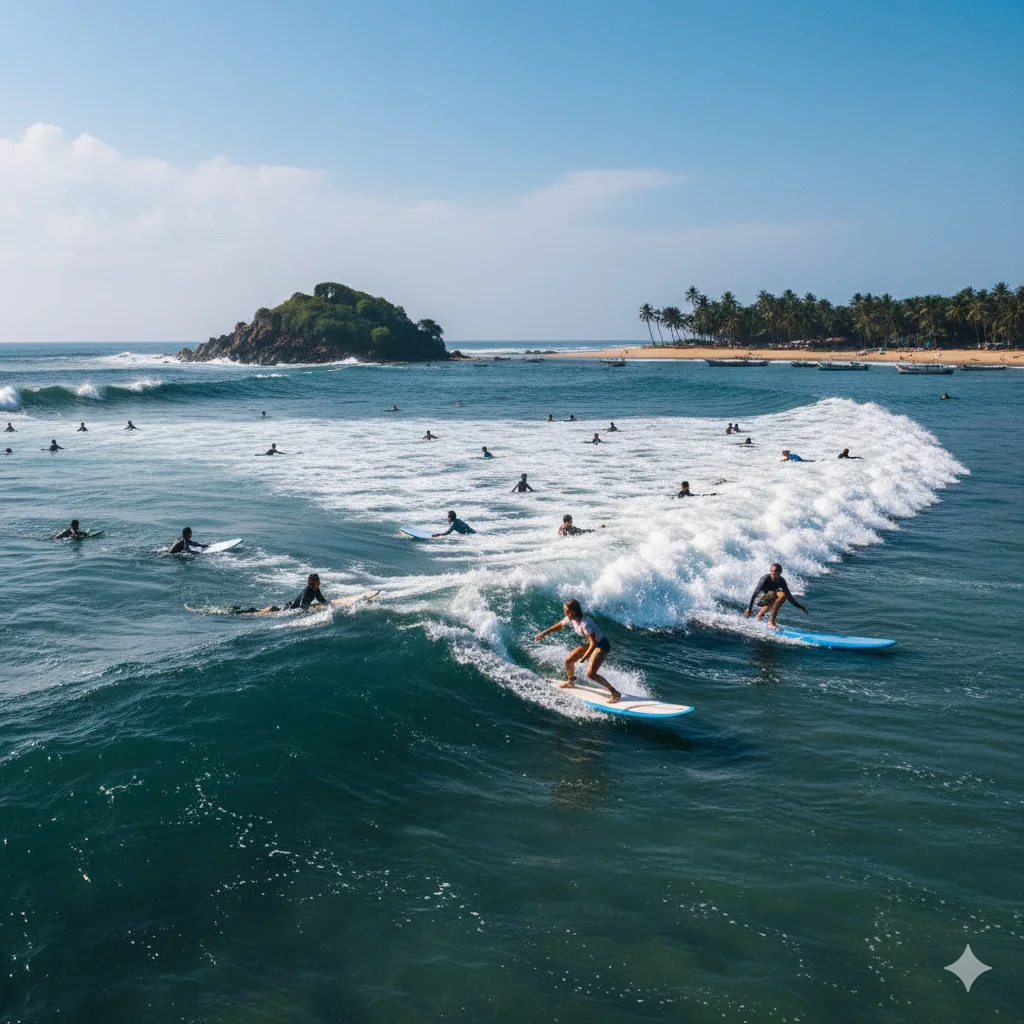Beginner-friendly surfing with many surf schools at Weligama Bay.