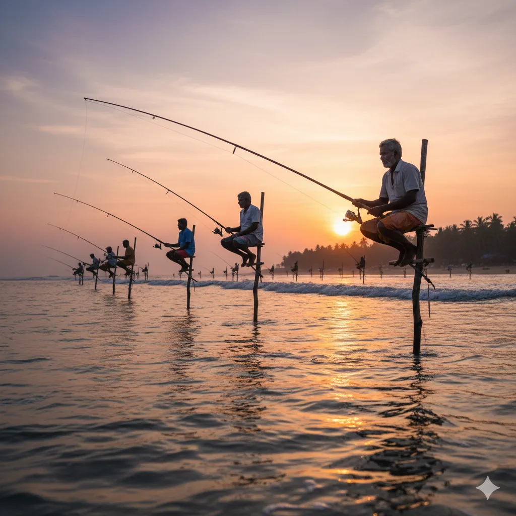 Traditional stilt fishing along Sri Lanka’s southern coast near Weligama.